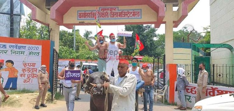 डीजल-पेट्रोल के दामों में बढ़ोतरी के विरोध में सपाइयों ने भैंसा बुग्गी लेकर किया प्रदर्शन