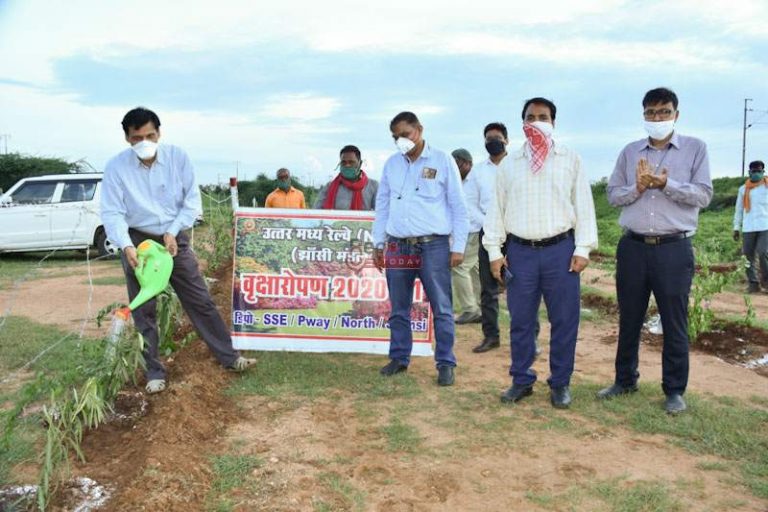 रेलवे की खाली जमीन पर रोपे जा रहे कनेर और बोगेनबिलिया के पौधे